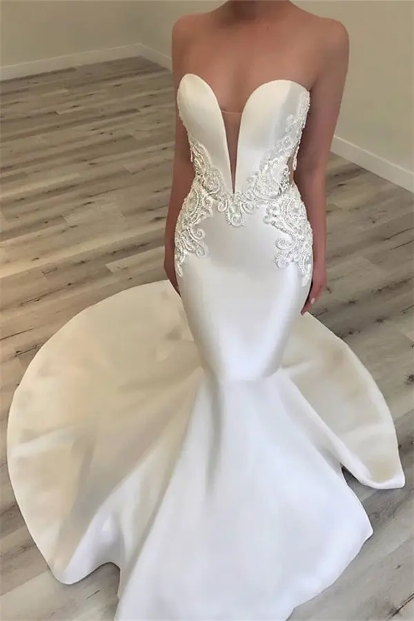 Vestidos de novia de sirena de satén con apliques de encaje con cuello en V Vintage, vestidos de novia formales hechos a medida, vestidos de novia formales