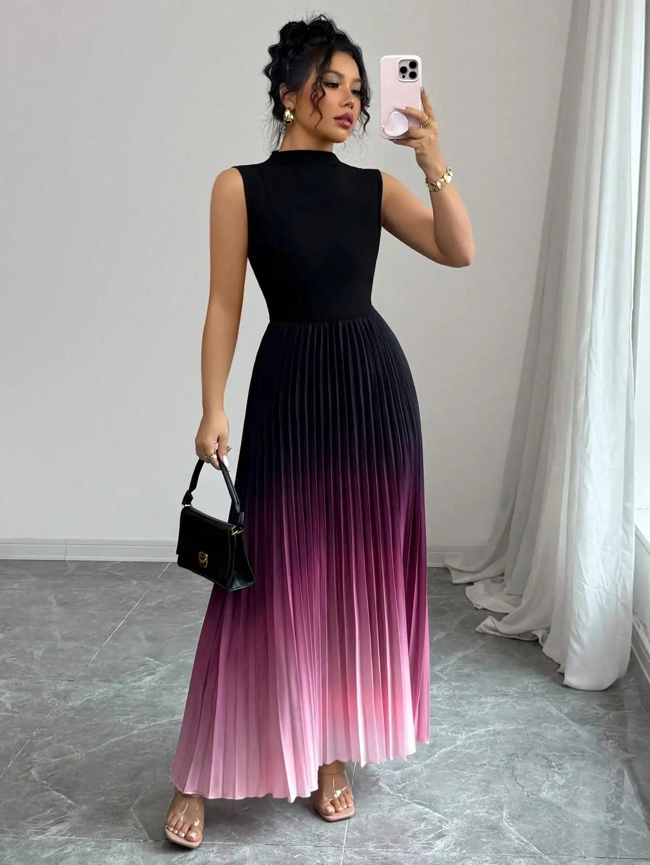 

Sleeveless High-Neck Ombre Pleated Maxi Dress for Women