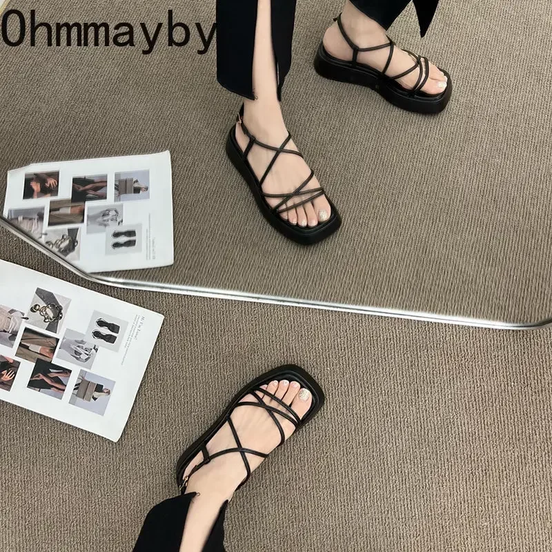 2024 Summer New Brand Women Sandal Fashion Narrow Band Gladiator Shoes Platform Flats Heel Open Toe Dress Pumps Shoe