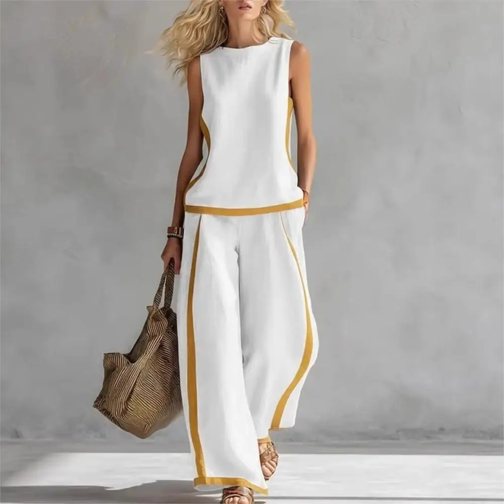 

2026 Fashion Splicing Striped Sleeveless Women's Tops 2 Piece Set Summer New Casual Loose Wide-leg Trousers Pocket Female Suit