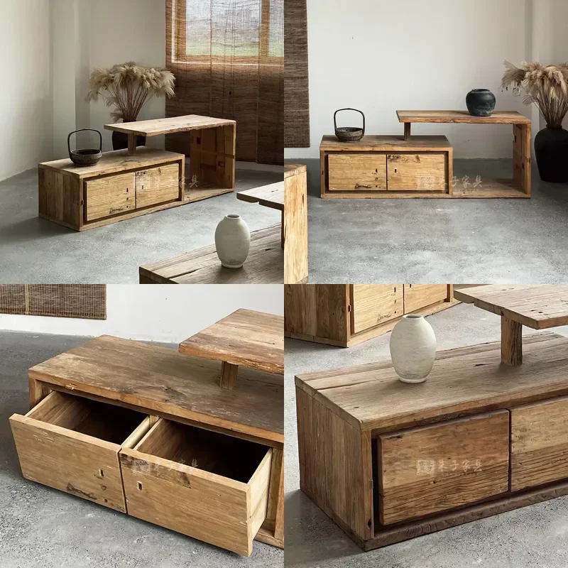 For Old Elm TV Cabinet Customized Solid Wood High Low Table Floor Cabinet with Drawer Household Furniture