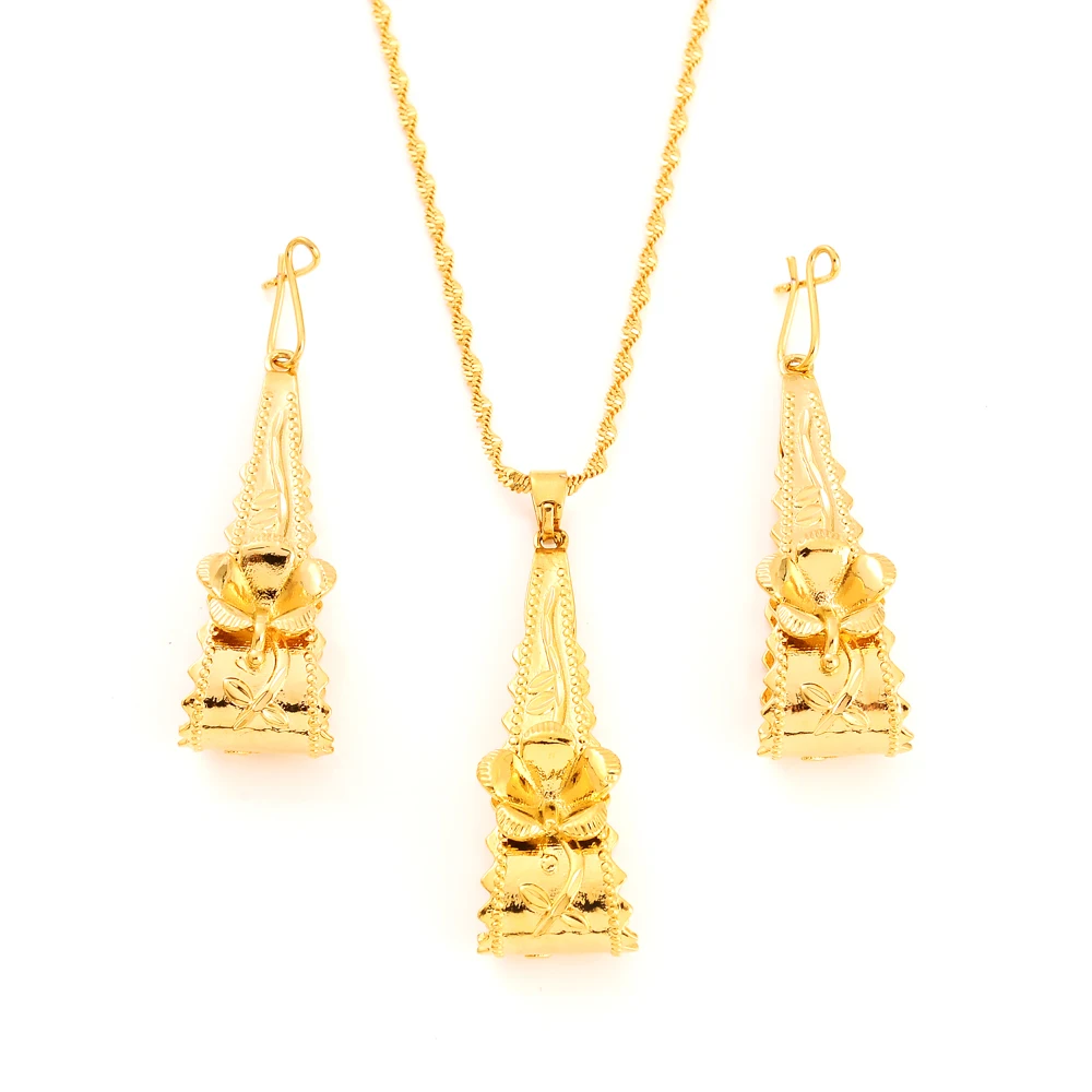 Trinidad Gold Color Hisbicus Necklace Earring Women Party Gift Charms Girls Kid Jewelry Sets