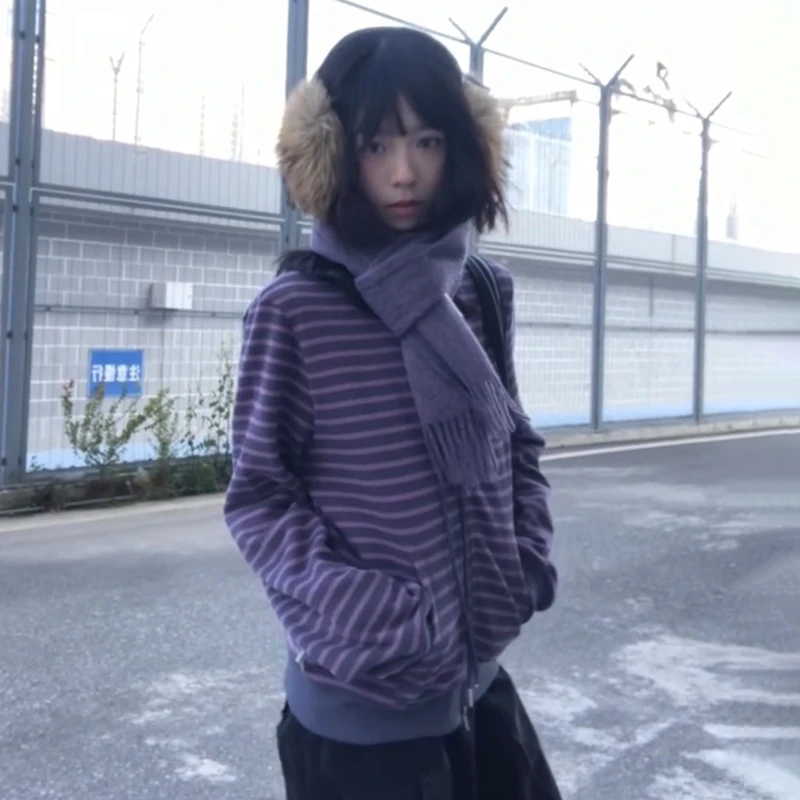 90s American Retro Knitted Cardigan Ladies Harajuku Striped Lined Zip Up Hoodie Y2K Grunge Oversized Long Sleeve Sweat Jacket view 2