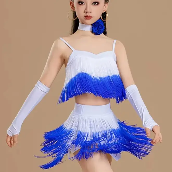 

Stage costumeGirls Latin Dance Costume Tassel Gradient Vest Top and Skirt Suits Kids Rumba Chacha Competition Dancerwear Clothes