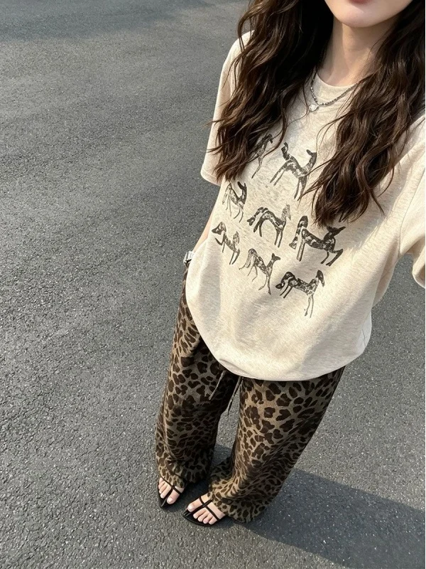 

Summer OOTD Women's Casual Style Print Short Sleeve Top And Leopard Wide Leg Pants Two Piece Set High Waist Loose Fit T-Shirt