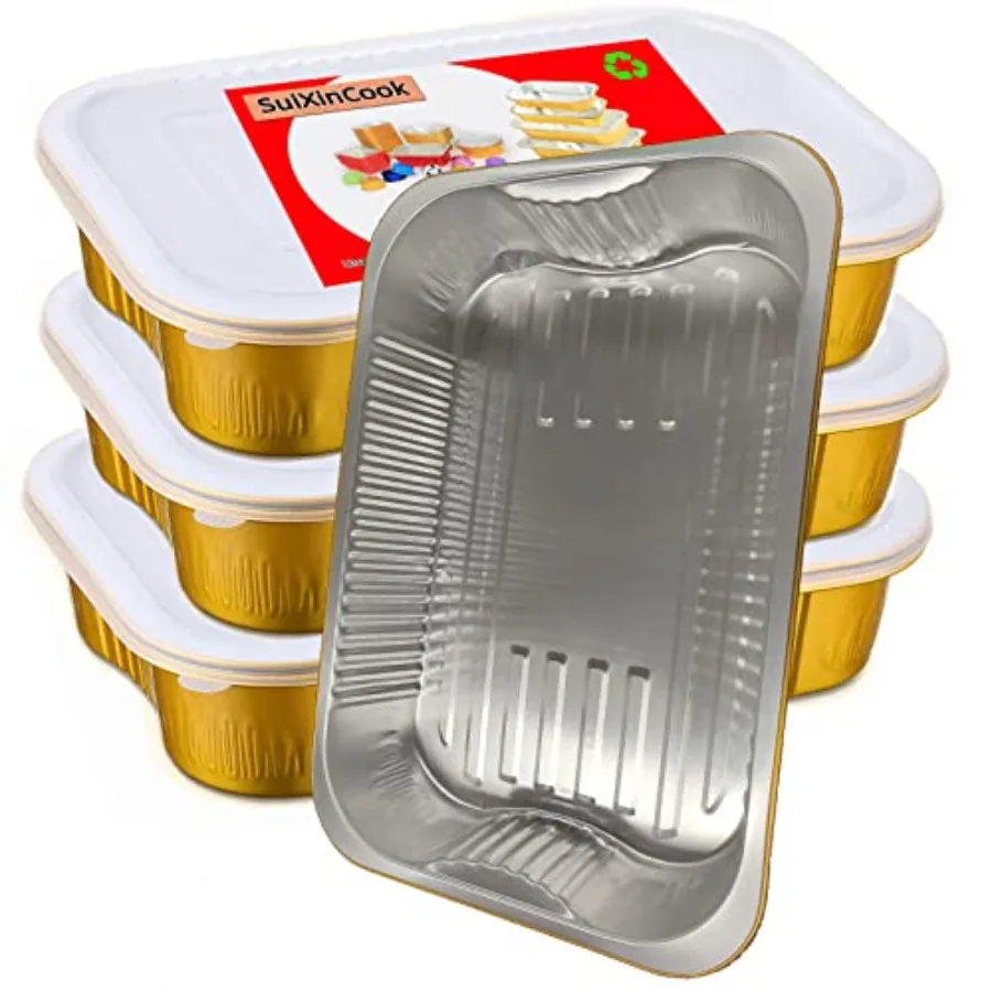 

Gold Aluminum Foil Baking Pans with lids Heavy-Duty 9×13 10pack+10Lids,Disposable Food containers reusable F330(3500ML