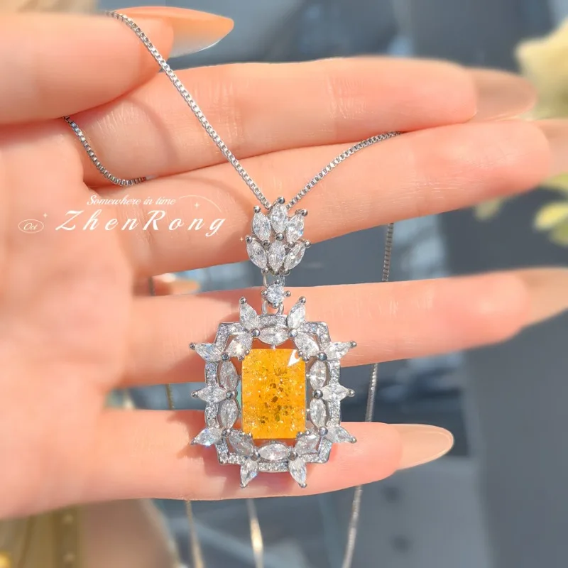 Fashionable Temperament 5A Yellow Cubic Zirconia Ice Flower Cut Women's Wedding Ball Jewelry Set Necklace Earrings Open Ring