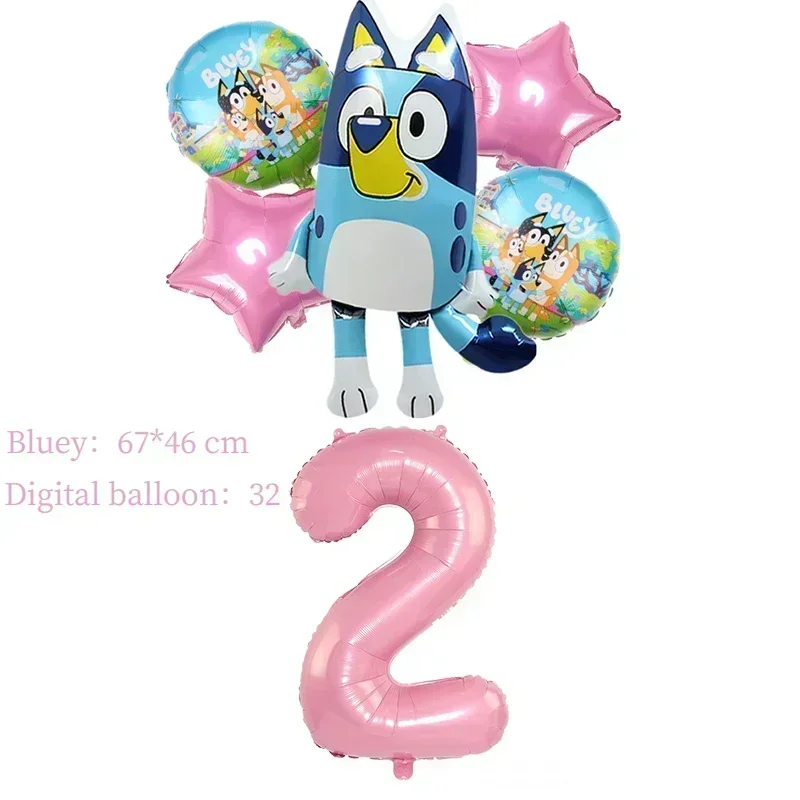 6pcs Bluey Girl\'s birthday Balloon Set Aluminum Film 32in Number Balloon Birthday Party Decor Layout Background