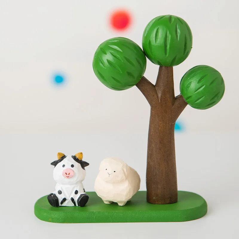 Wooden Crafts - Handmade Small Ornaments-Big Tree, Calf, Lamb & Rabbit, Cute Wood Carvings, Perfect for Wooden Home Decor