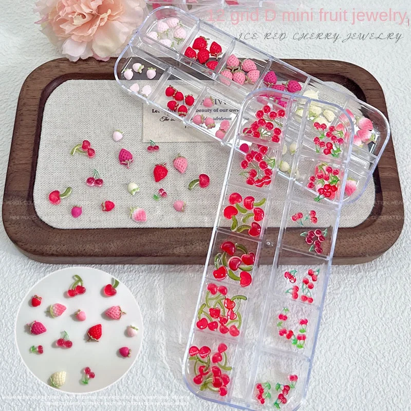 

12grids Red Cherry Rhinestones Nail Charms 3D Alloy Cherry Design Nail Art Decorations Nail Art