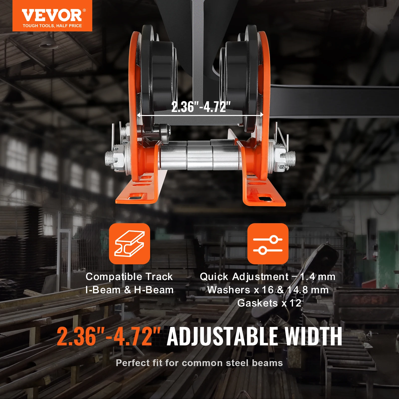 VEVOR Electric Hoist Manual Trolley 0.5/1 Ton Capacity for PA200 PA250 PA300 PA400 PA500 Push Beam Trolley with Dual Wheels