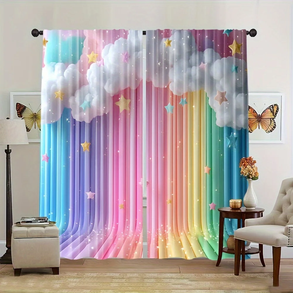 Rainbow Clouds Blackout Curtains for Kids Room - Colorful Stars and Fluffy Clouds Window Drapes for Girls Bedroom Nursery Decor