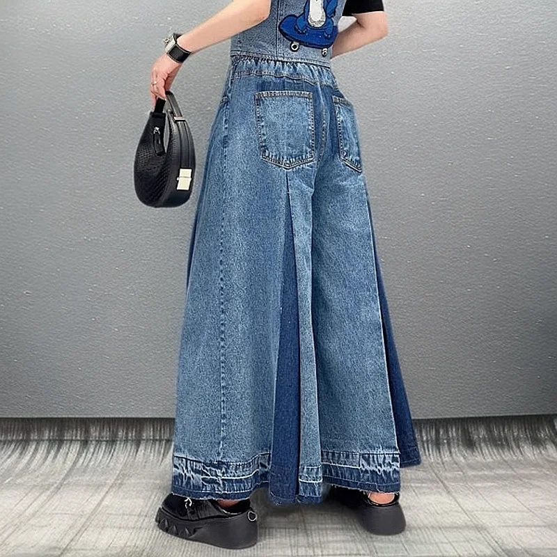 Spring 2026 New Style Trendy Versatile Patchwork Denim Wide Leg Pants Elastic Waist Belted Nine Pointed Casual High Waist Jeans