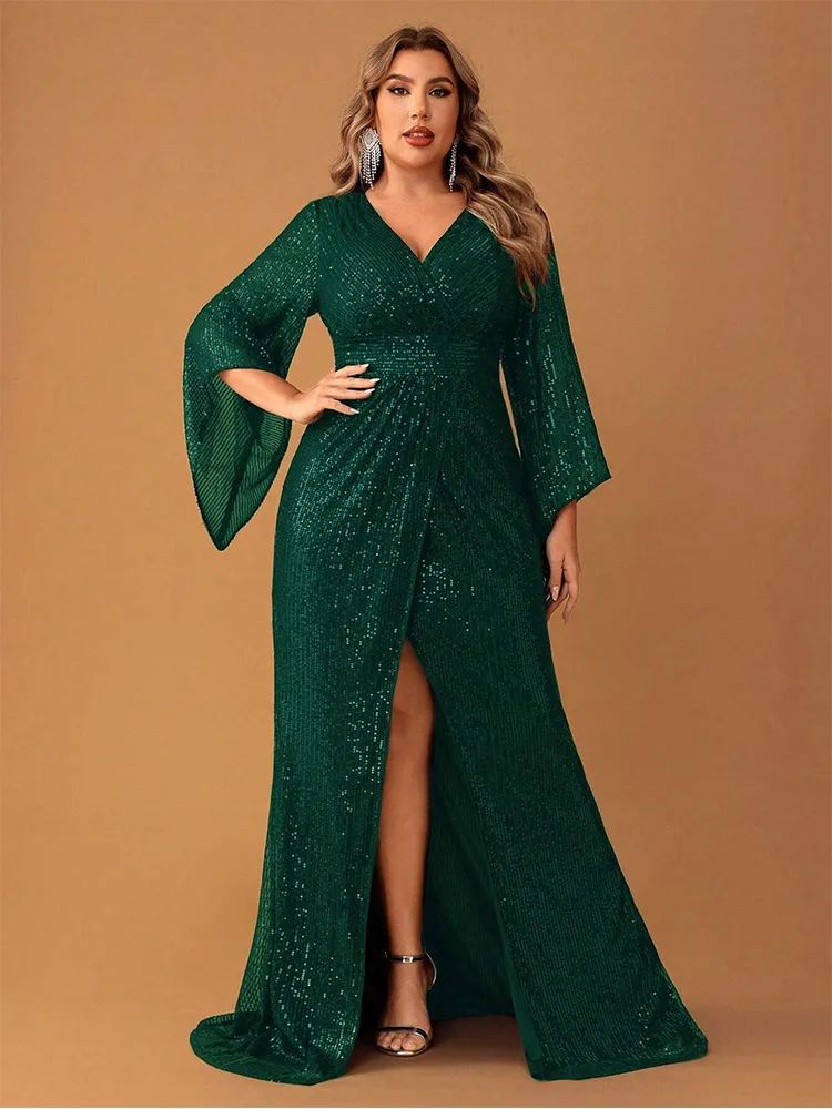 Plus Size Long Sleeve V Neck Dark Green Shiny Floor-length Evening Dress 4XL 5XL Big Size Dance Party Prom Gown Women