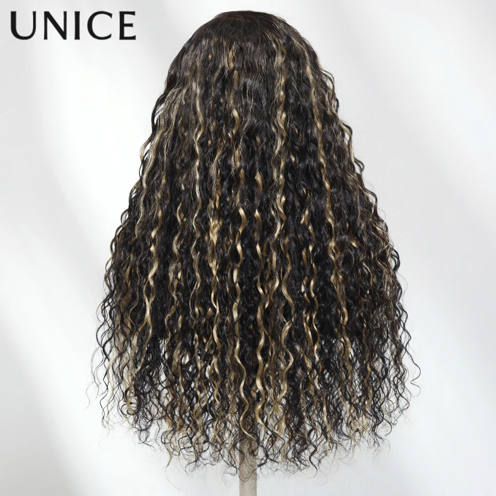 UNice أسود مع أشقر فاتح يسلط الضوء على موجة المياه مع الرباط 13x4 قبل كل شيء شعر مستعار بدون صمغ شعر بشري كثافة 150%