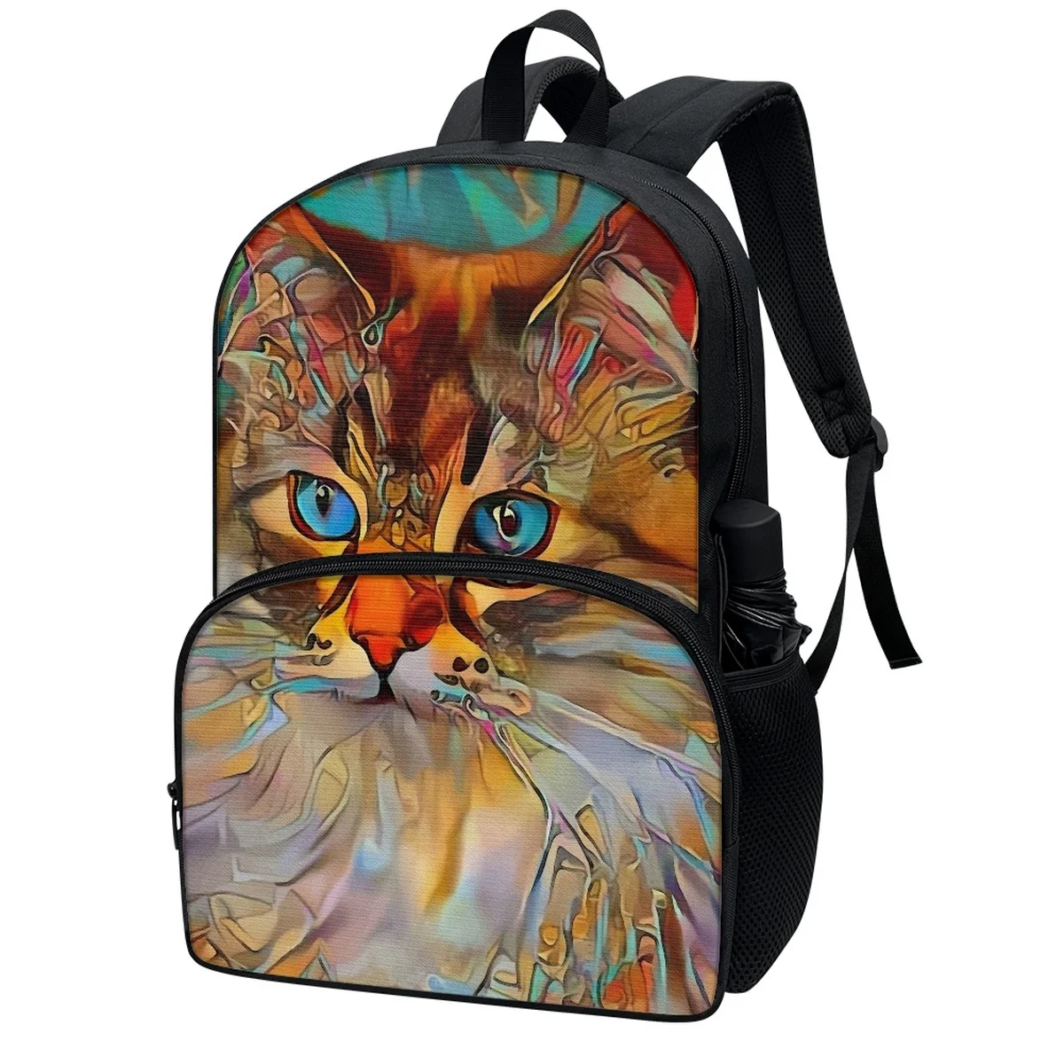 Foru designs Ölgemälde farbige Katze Schul rucksäcke Student Multi Pocket Schult aschen Doppel reiß verschluss praktische Lehrbuch Lagerung