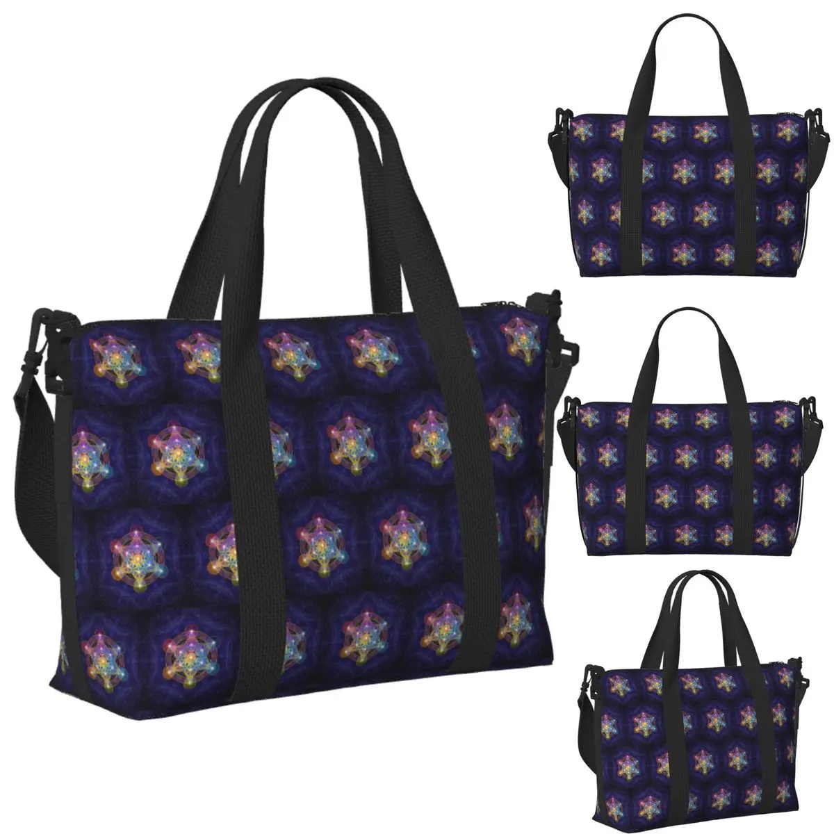 

Custom Metatron's Cube Merkabah Beach Travel Bag Large Capacity Tote Bags for Gym Yoga Women Shopping Duffle Shoulder Bag