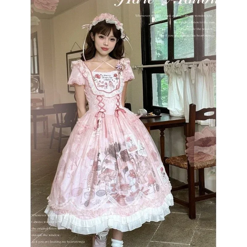 MGOGO lolita snový girl`s dr. house sladké lolita OP šaty ženy vintage potištěné panenka krátký rukáv kněžna elegantní večírek šaty