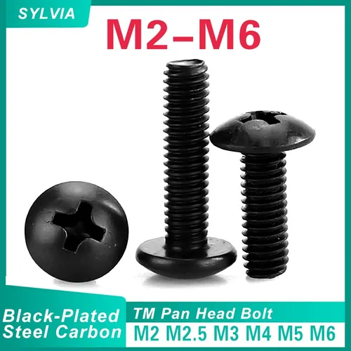 Tornillos de acero al carbono chapados en negro, M2, M2.5, M3, M4, M5, TM, Phillips Truss, cabeza de hongo