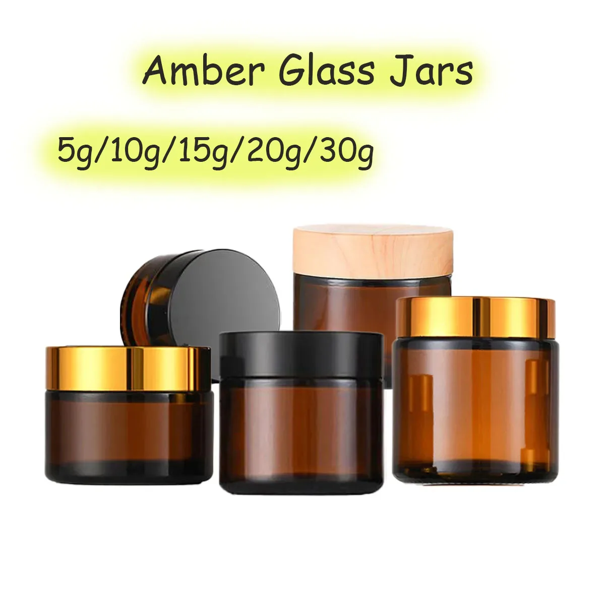 Amber Fillable Glass Jars, Multiple Lid Colours, Multiple Capacities, Cosmetic Lotion Cream Refill Box Container Bottle