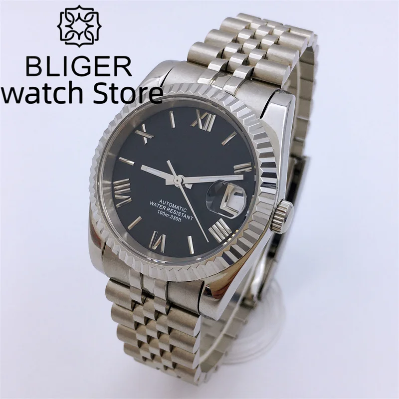 BLIGER 36mm/39mm Black dial Roman numerals NH35A PT5000 Automatic Mechanical watch For Men sapphire glass date display Waterproo