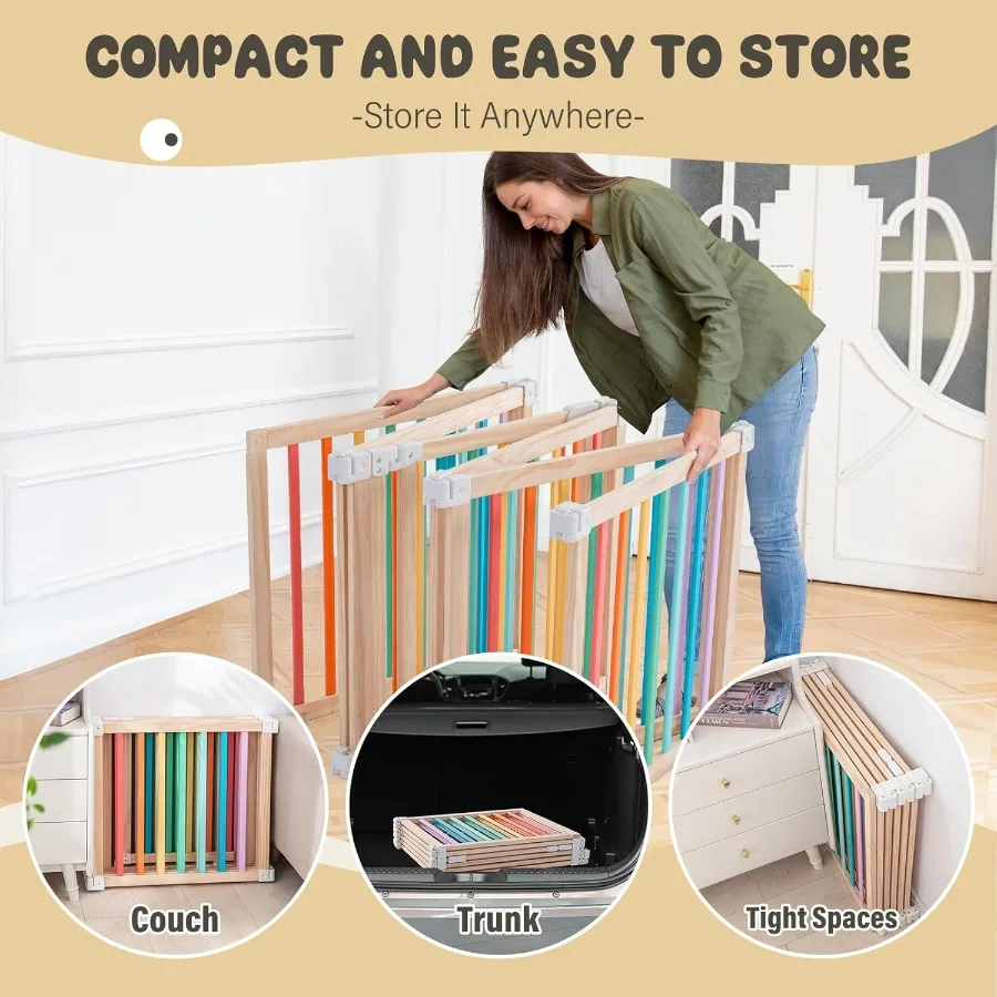 Baby Wooden Playpen Foldable Shape and Size Adjustable Playpen for Toddler and Babies Wood Baby Play Yard with Locking Gate Lar