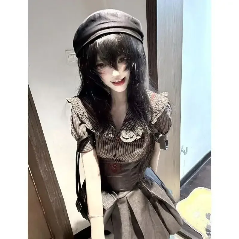 Vintage collège fille couleur contrastée bord à volants rayé chemise mince sangle de taille jupe plissée costume d'automne pour femmes
