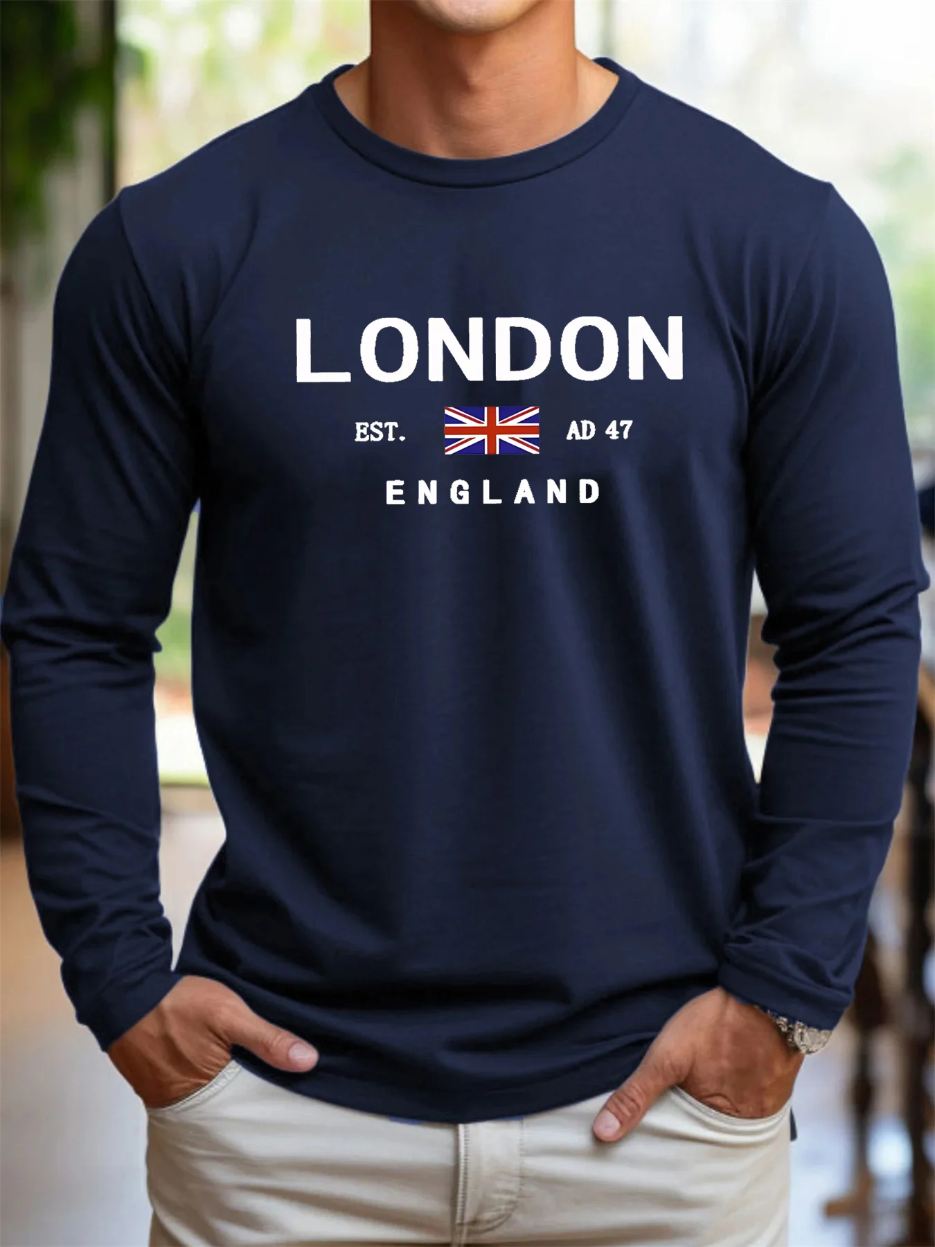 100% pure cotton men's long sleeved round neck loose London 