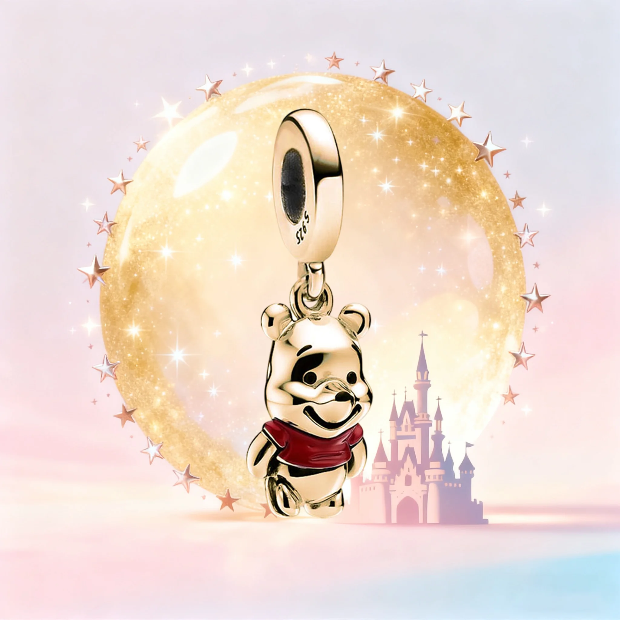 

S925 Silver Disney Winnie The Pooh Dangle Charm, Golden Cute Bear Pendant for Bracelet, Cartoon Jewelry Accessory for Women Gift