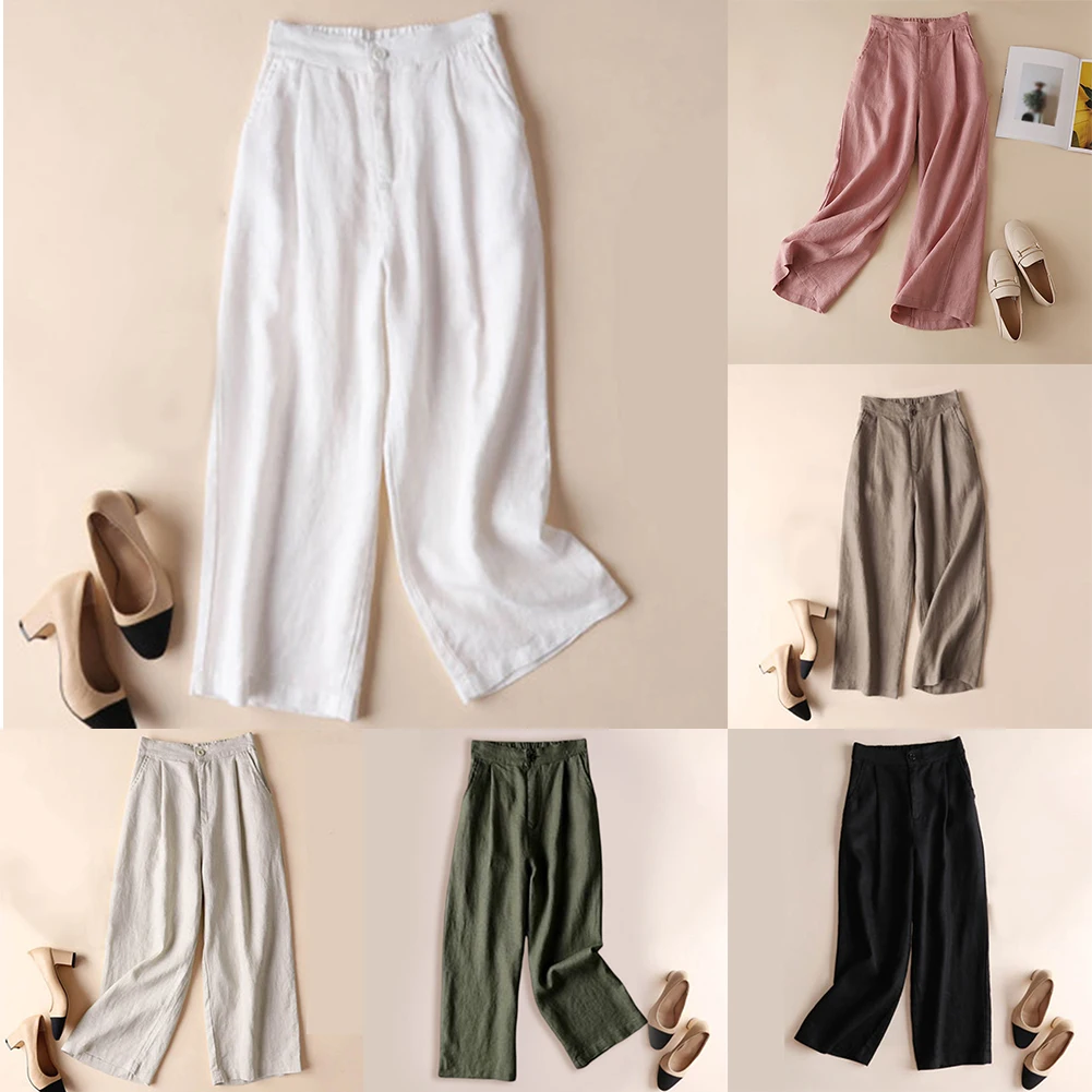 

Women Spring Summer Cotton Linen Wide Leg Pants Ladies Loose Comfortable Casual Trousers Solid Color