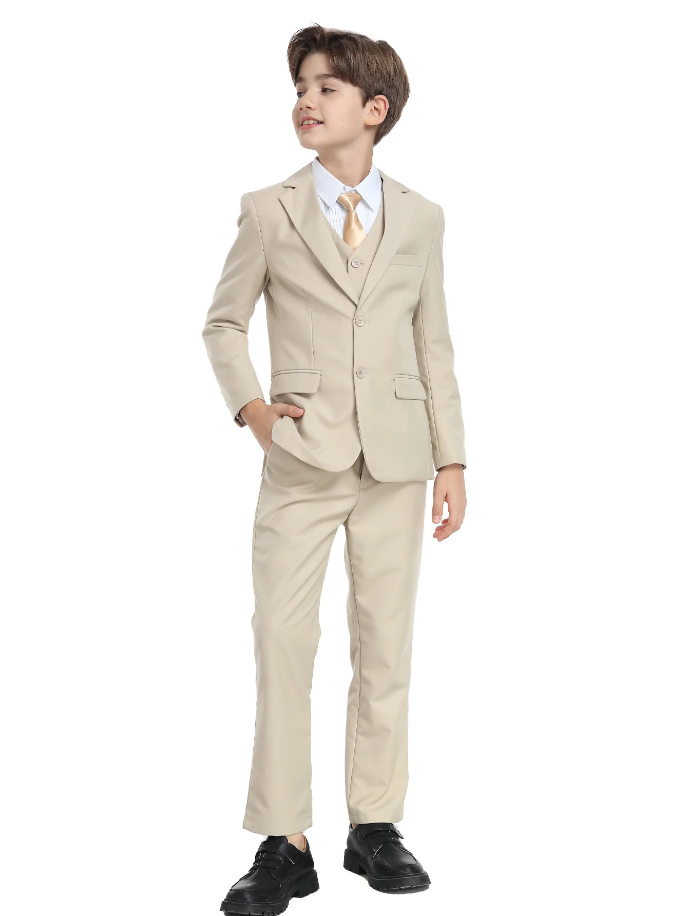 Jungenanzug, 5-teilig, Jacke, Weste, Hose, Hemd, Krawatte, zufällige Farbe, für Hochzeit, Geburtstag, Party, Geschenk, Auftrittsuniform, Schuluniformen, Größe 4–16 Jahre – Detail 3