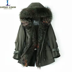 Real Rabbit Fur Coat for Women, Waterproof Parka, Detachable Hood, Natural Raccoon, Dog Fur Collar, Outerwear, Winter Jacket