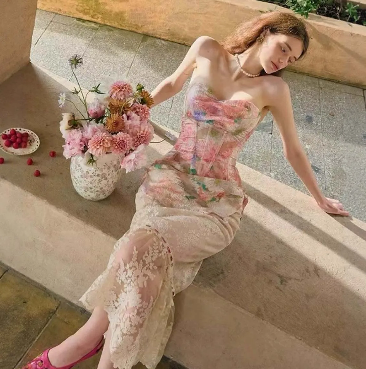 

French Sweet Romantic Oil Painting Lace Fishbone Women's Tube Top Lace-up Colorful Splicing Long Skirt Sxey Skirts Suit Ladies