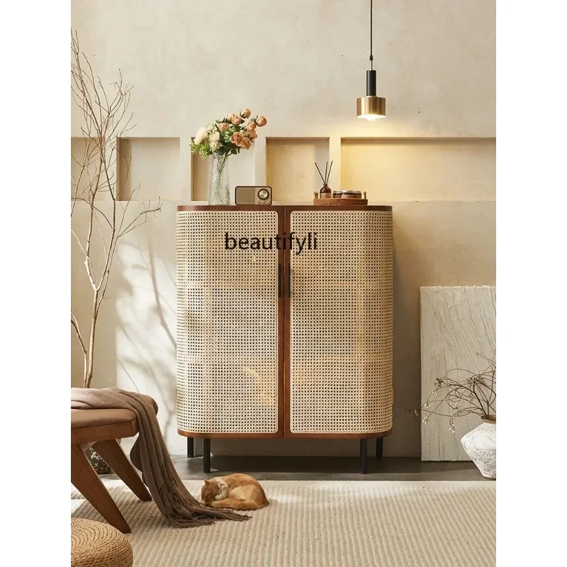 C85 Nordic Solid Wood Sideboard Vintage Rattan Sideboard Cabinet Bed & Breakfast Bedroom Living Room Silent Style Storage Locker