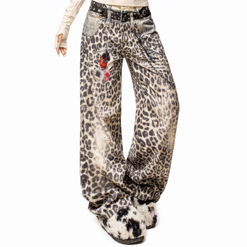 European American Leopard Print Women's Jeans 2025 Autumn New Vintage Design Gradient Hot Girl Straight Wide-Leg Pants Ladies
