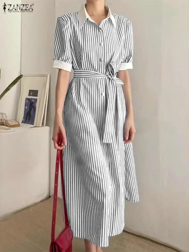 فساتين قميص طويلة أنيقة من ZANZEA للنساء بأكمام قصيرة مخططة موضة ماكسي فيستدوس بحزام لصيف 2025 رداء نسائي للحفلات #1