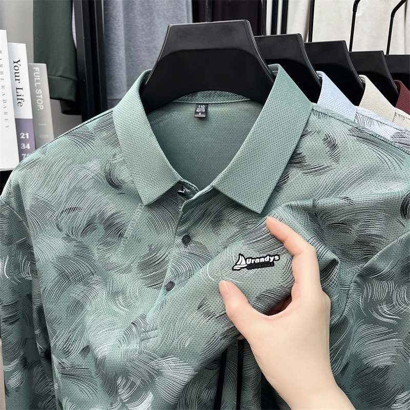 Herren-Polohemd mit abstraktem Blattmuster, langen Ärmeln, umgeschlagenem Kragen, atmungsaktivem, glattem Stoff, für den täglichen, lässigen Gebrauch. – Detail 7