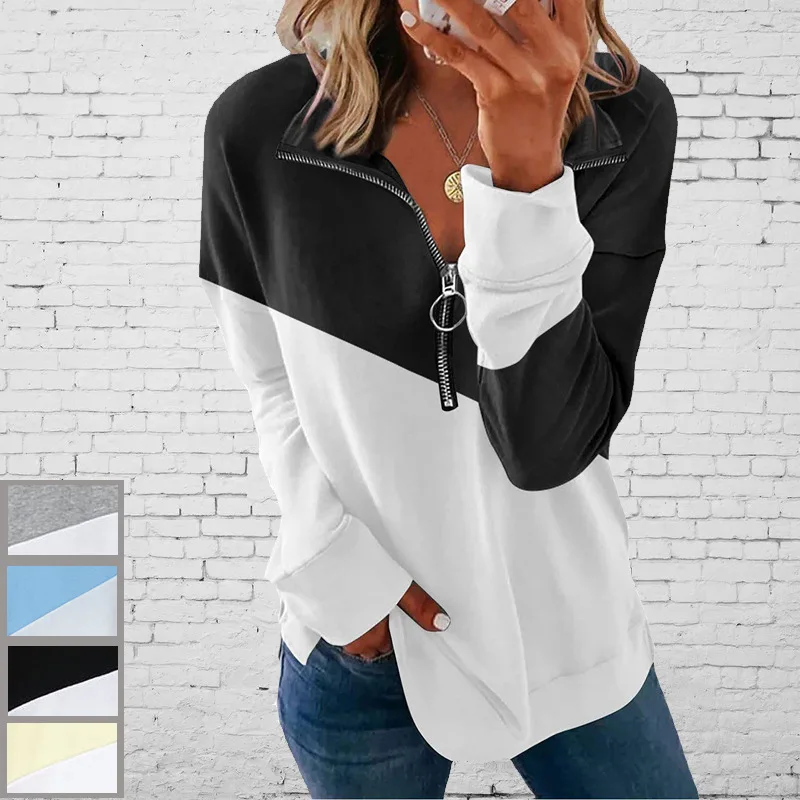 Spring Autumn Women\'s Sweatshirt Contrast Color Casual Long Sleeved Top Female Zipper Stand Up Collar Pullovers Women\'s Clothing