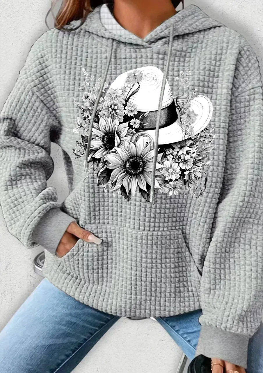 

Plus Size Women Clothing Waffle Knit Tops For Women Straw Hat Flower Printed Oversize Hoodies for Women With Pocket Sweatshirt