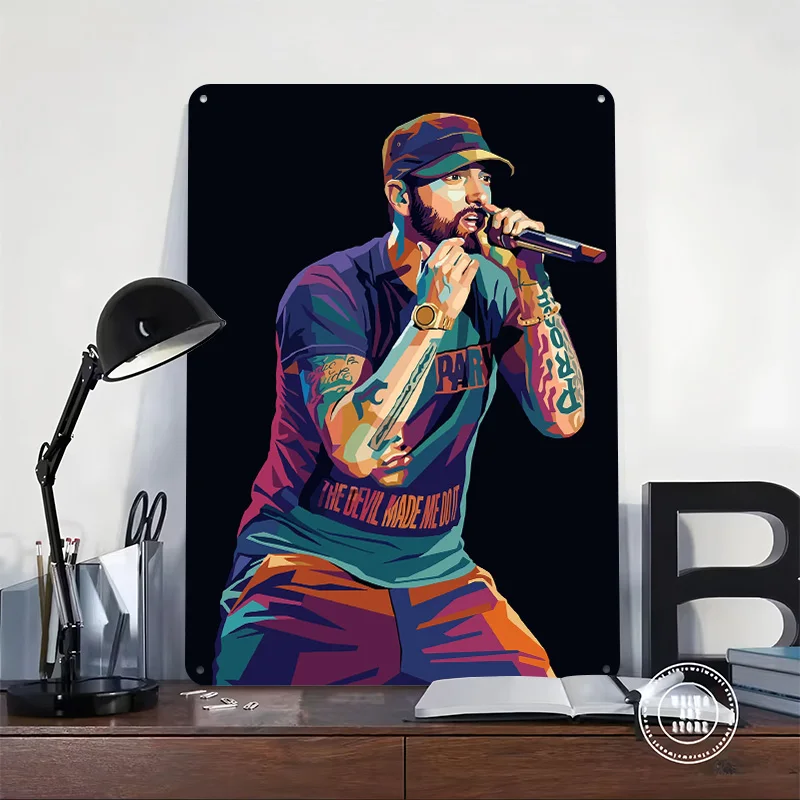 Eminem Performing With Microphone Personalized 3D Textured Metal Poster Wall Art Vintage Tin Signs for Living Room Decoration