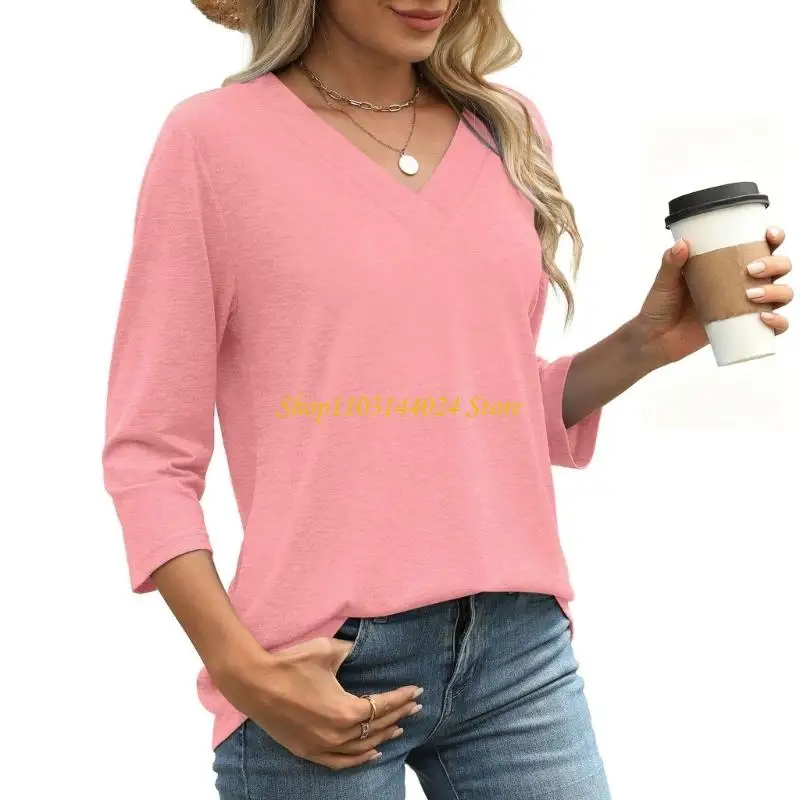 

N5KE Women's 3/4 sleeve V-neck casual loose fit top