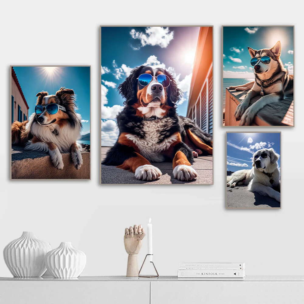 Dog Wearing Sunglasses Poster and Picture Beach Sun Cozy Wall Art Canvas Painting Bulldog KoKi Golden Retriever Print Home Decor