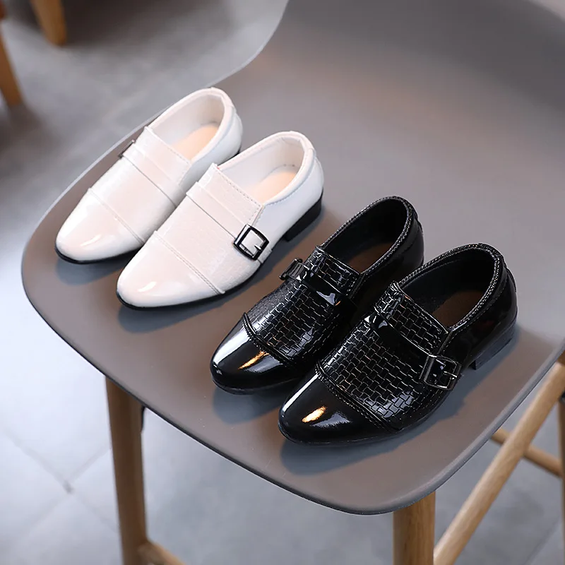 Boys Leather Shoes 2022 Spring Autumn Kids Performance Mary Janes Shoes for Party Wedding Shows Solid Black Slip-on Shoes