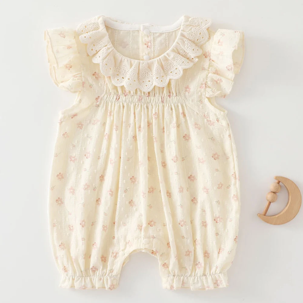 Baby Girl Clothes Summer Flutter Sleeve Floral Baby Rompers Lace Ruffles Collar Princess 1st Birthday Infant Jumpsuit