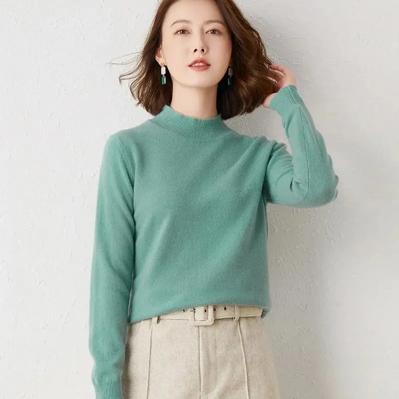 2023 New Solid Mock Neck 100%Wool Cashmere Sweater Female Autumn Winter Loose Sweater Knitted Wool Bottoming Shirt Casual