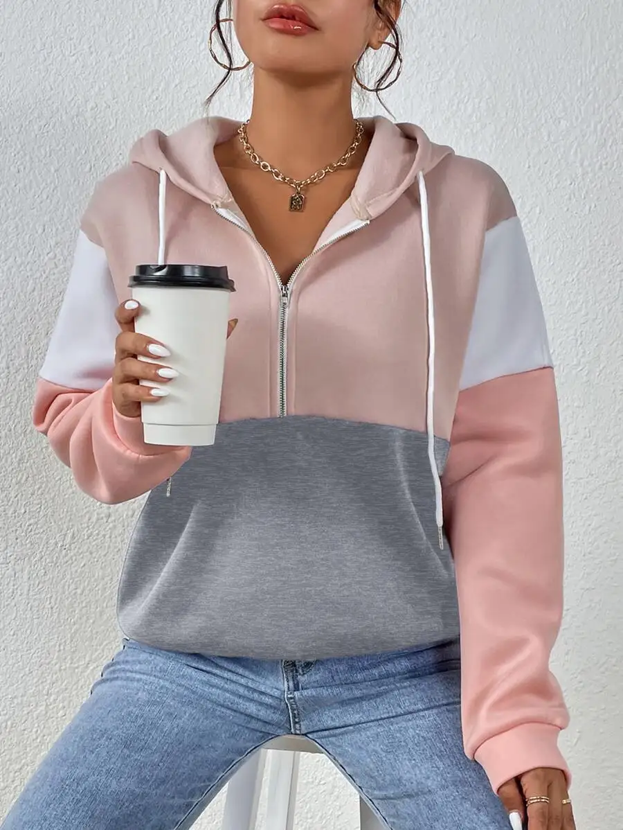 

Women's Colorblock Hooded Zip-Up Sweatshirt with Drawstring, Loose Fit Casual Pullover