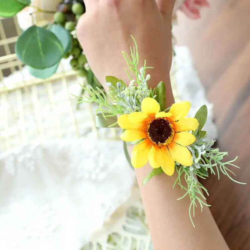 Fleurs Artificielles de Tournesol, Corsage de Poignet Boutonnières, Accessoires de Mariage pour Demoiselle d'Honneur, 2023