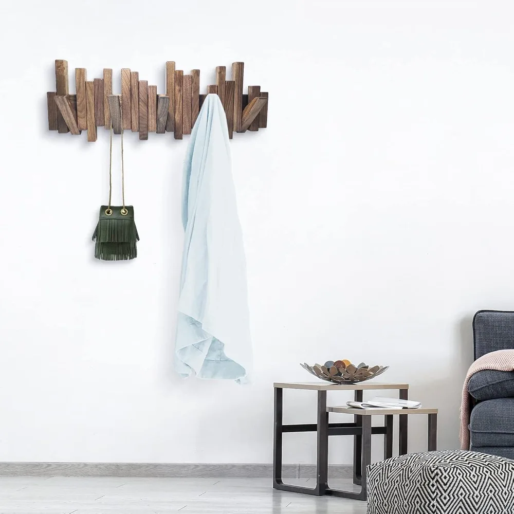 Wooden Coat Rack Wall Mounted Sticks Multi Rack Solid  with Down Unique Modern Hooks