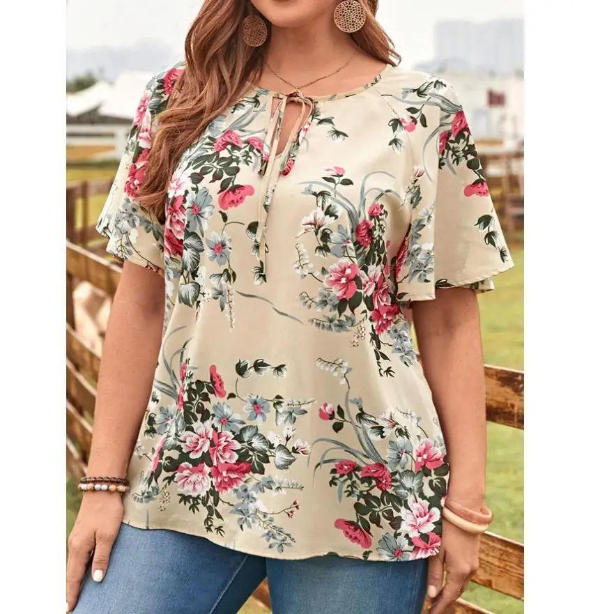 

Elegant Printed Short Sleeve Shirt Top for Women Lace Trim Flared Sleeve Chiffon Blouse Fashionable Women's Summer Top