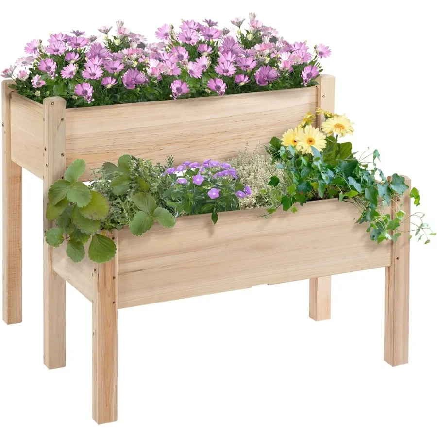 

34"x34"x28" Raised Garden Bed 2-Tier Elevated Wood Planter Box for Backyard Patio to Grow Vegetables Herbs and Flowers Natural